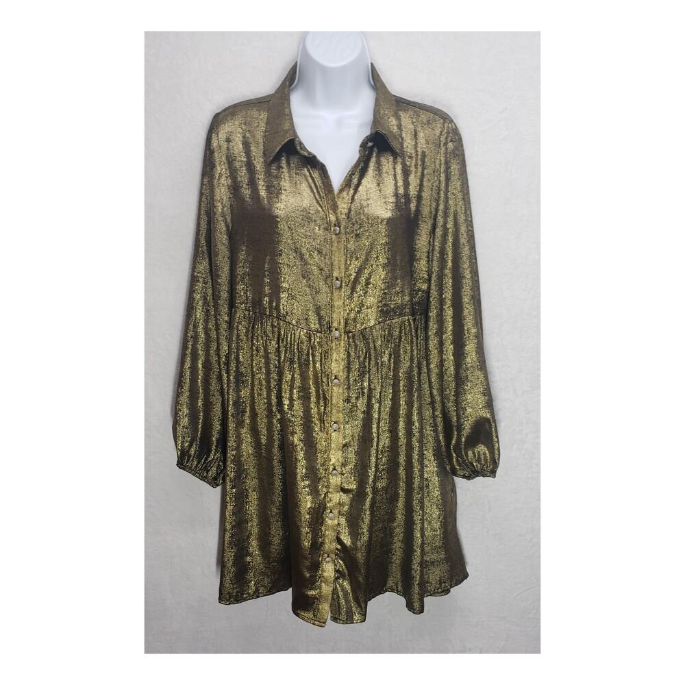 Boho 72 Metallic Gold Tunic Dress Small S Balloon Sleeve Festival Liquid Gold